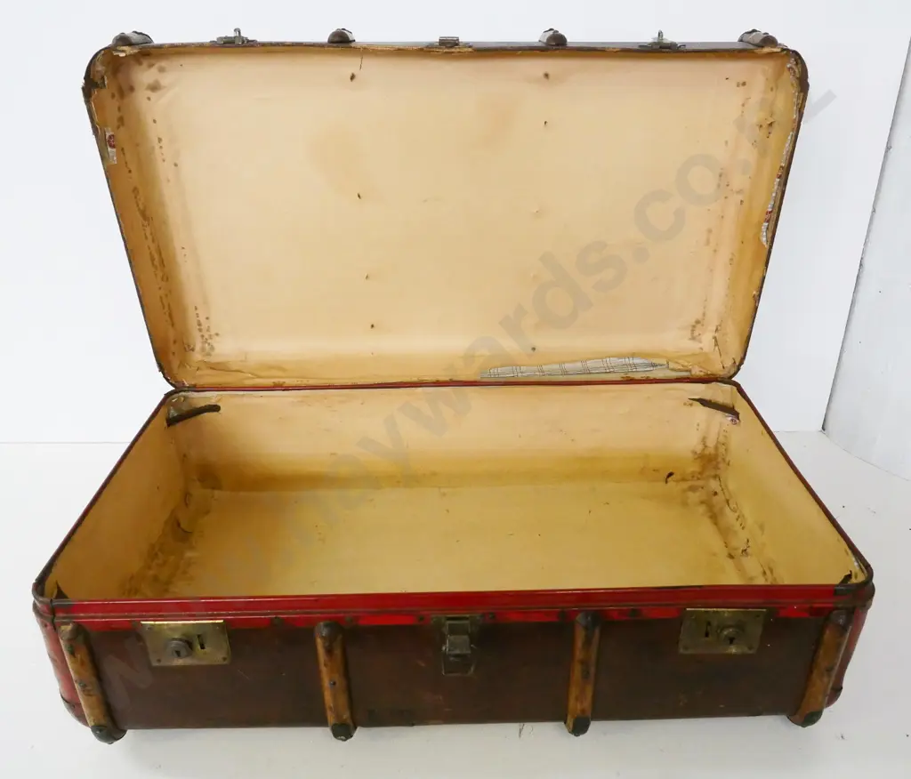 vintage large travel trunk - wood strapping, brass hardware, canvas fibreboard - wear, repairs, staining H330 W900 D540 Image 1++