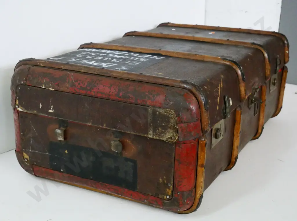 vintage large travel trunk - wood strapping, brass hardware, canvas fibreboard - wear, repairs, staining H330 W900 D540 Image 1++