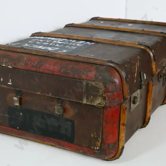 vintage large travel trunk - wood strapping, brass hardware, canvas fibreboard - wear, repairs, staining H330 W900 D540