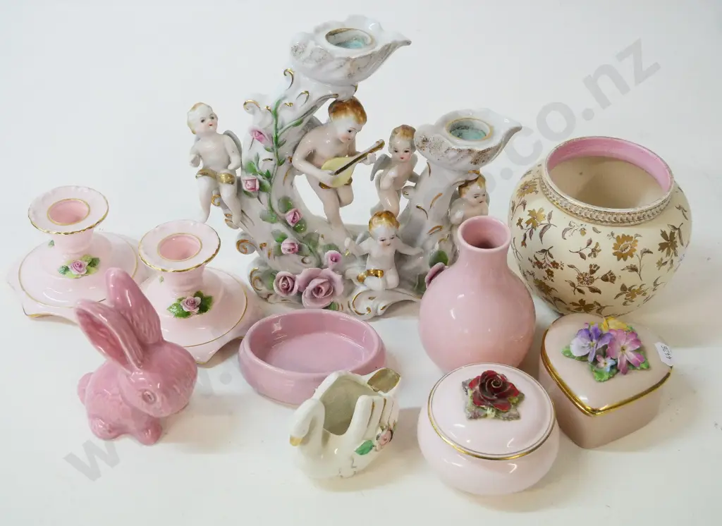 pink and white floral items including Dresden style & Adderley candle holders, Sylvac bunny (glaze flecks) etc. Image 1++