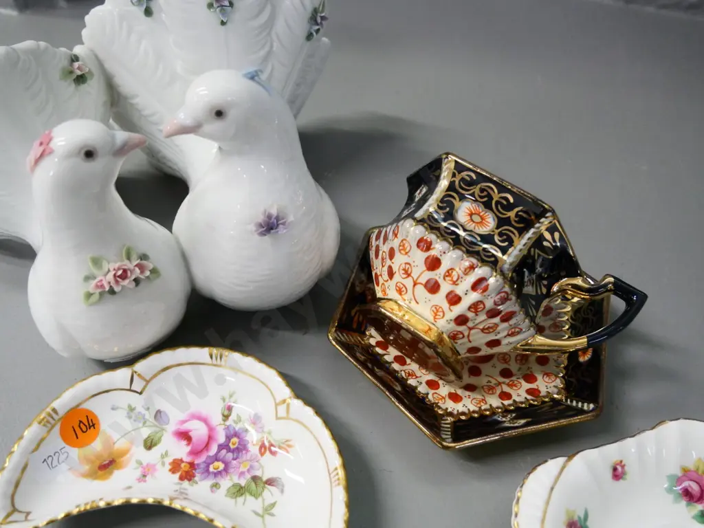 Lladro doves figure (may be missing decoration piece?) Doulton & Crown Derby small dishes, European chocolate cup Image 1++