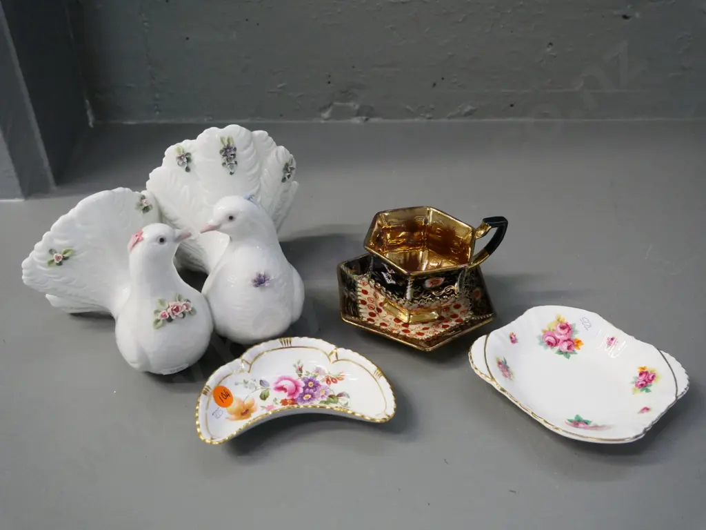 Lladro doves figure (may be missing decoration piece?) Doulton & Crown Derby small dishes, European chocolate cup Image 1++