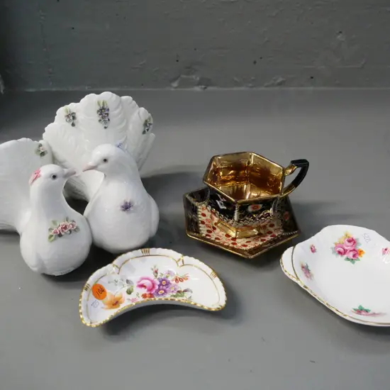 Lladro doves figure (may be missing decoration piece?) Doulton & Crown Derby small dishes, European chocolate cup