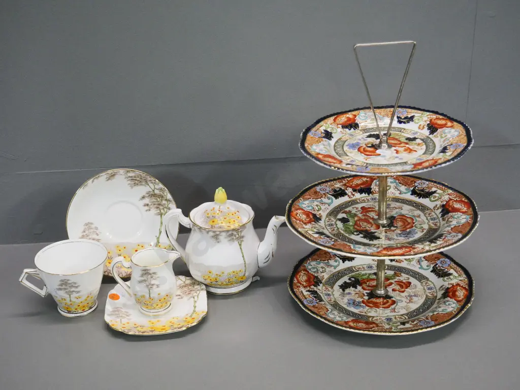 Woods Verona 3-tier cake stand and a Standard china tea for one missing the sugar Image 1++
