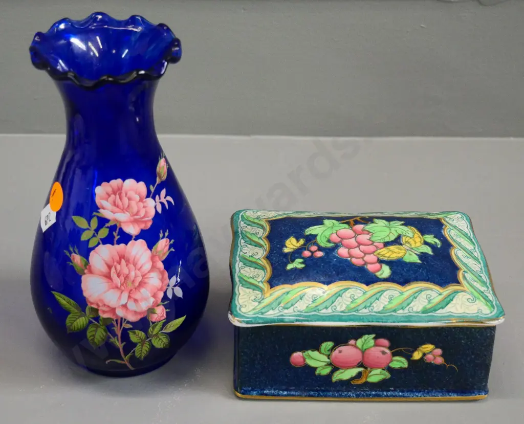 Losol Ware "Armado" lidded jewellery box and a coblat blue hand painted glass vase H-170 Image 1++