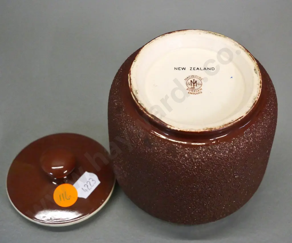 McIntyre Burslem tobacco jar with sterling silver rim - New Zealand map and latin motto decoration H-100 Image 1++