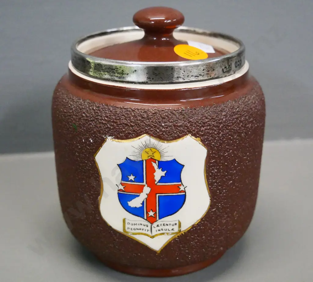 McIntyre Burslem tobacco jar with sterling silver rim - New Zealand map and latin motto decoration H-100 Image 1++