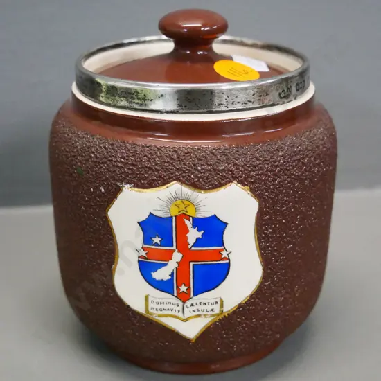 McIntyre Burslem tobacco jar with sterling silver rim - New Zealand map and latin motto decoration H-100