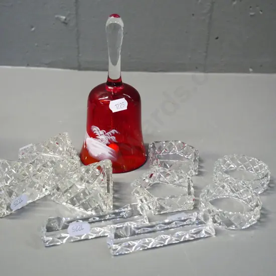 Mary Gregory glass bell H-150, 7 crystal napkin rings and a pair of crystal knife rests