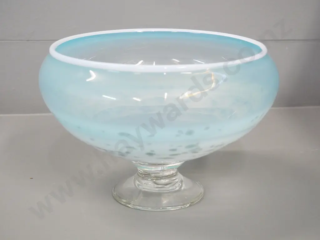 art glass footed bowl - mottled teal and white pattern on clear base H-140 Diameter 220 Image 1++
