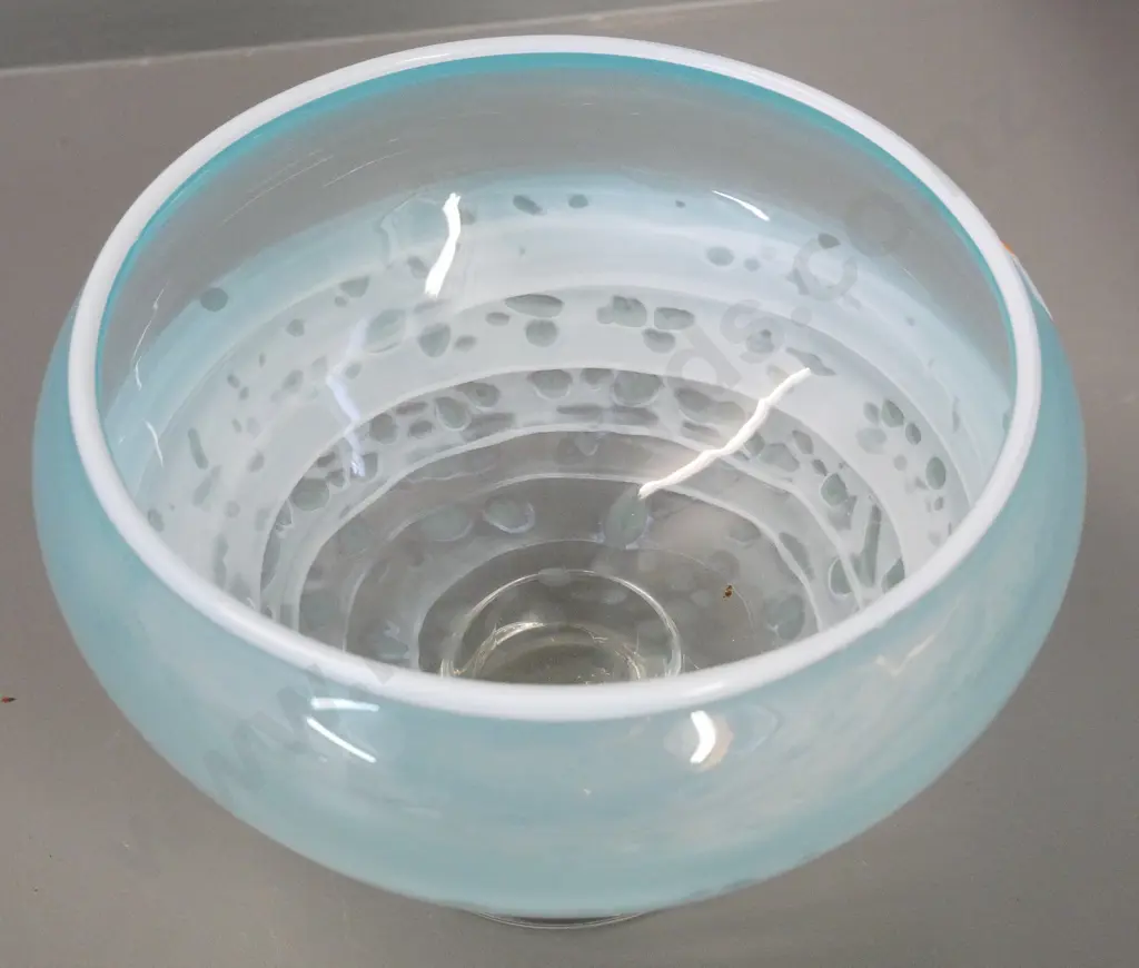 art glass footed bowl - mottled teal and white pattern on clear base H-140 Diameter 220 Image 1++