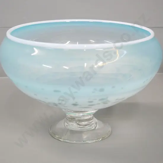 art glass footed bowl - mottled teal and white pattern on clear base H-140 Diameter 220