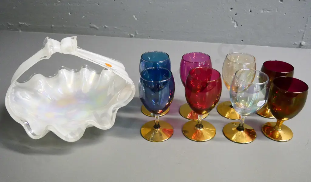 white lustre glass basket, Diameter 240, a set of 6 and 2 other gold and multi coloured stemmed glasses Image 1++