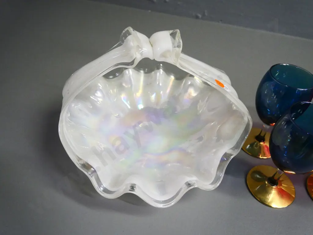 white lustre glass basket, Diameter 240, a set of 6 and 2 other gold and multi coloured stemmed glasses Image 1++