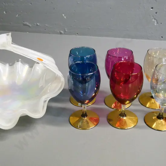 white lustre glass basket, Diameter 240, a set of 6 and 2 other gold and multi coloured stemmed glasses