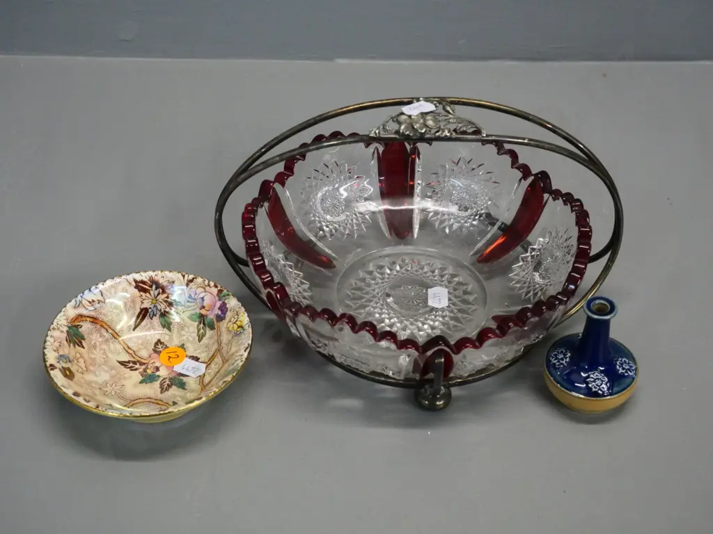 vintage ruby and clear cut glass in plated stand H140 W220, small Royal Doulton vase and a Maling dish Image 1++