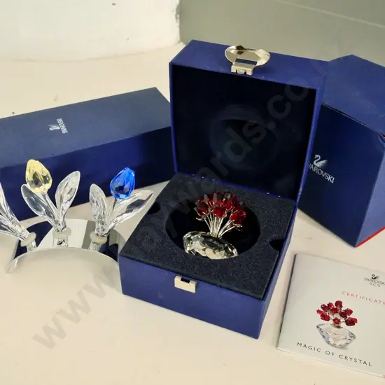 2 boxed Swarovski crystal floral ornaments - 3 tulips in metal stand & a posie of roses