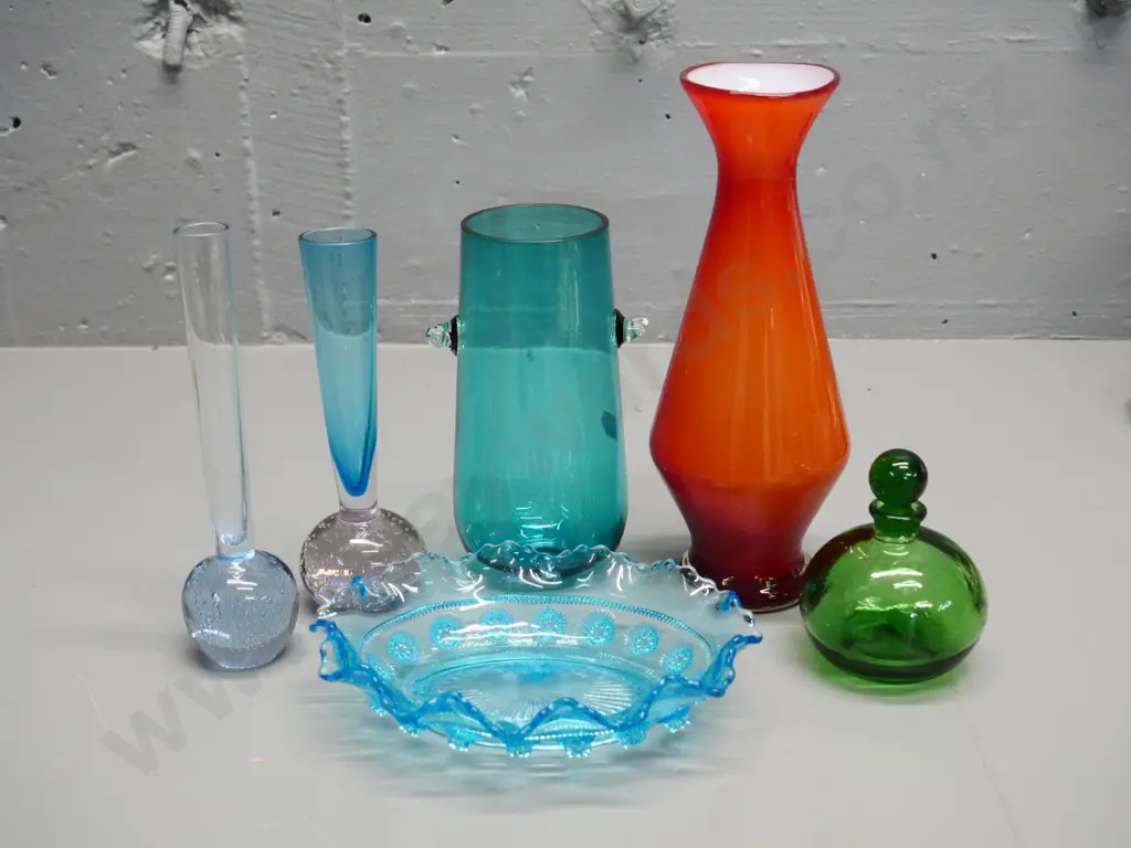 assorted glass items - green scent bottle, bubble-base bud vase, depression glass dish, 2 other vases Image 1++