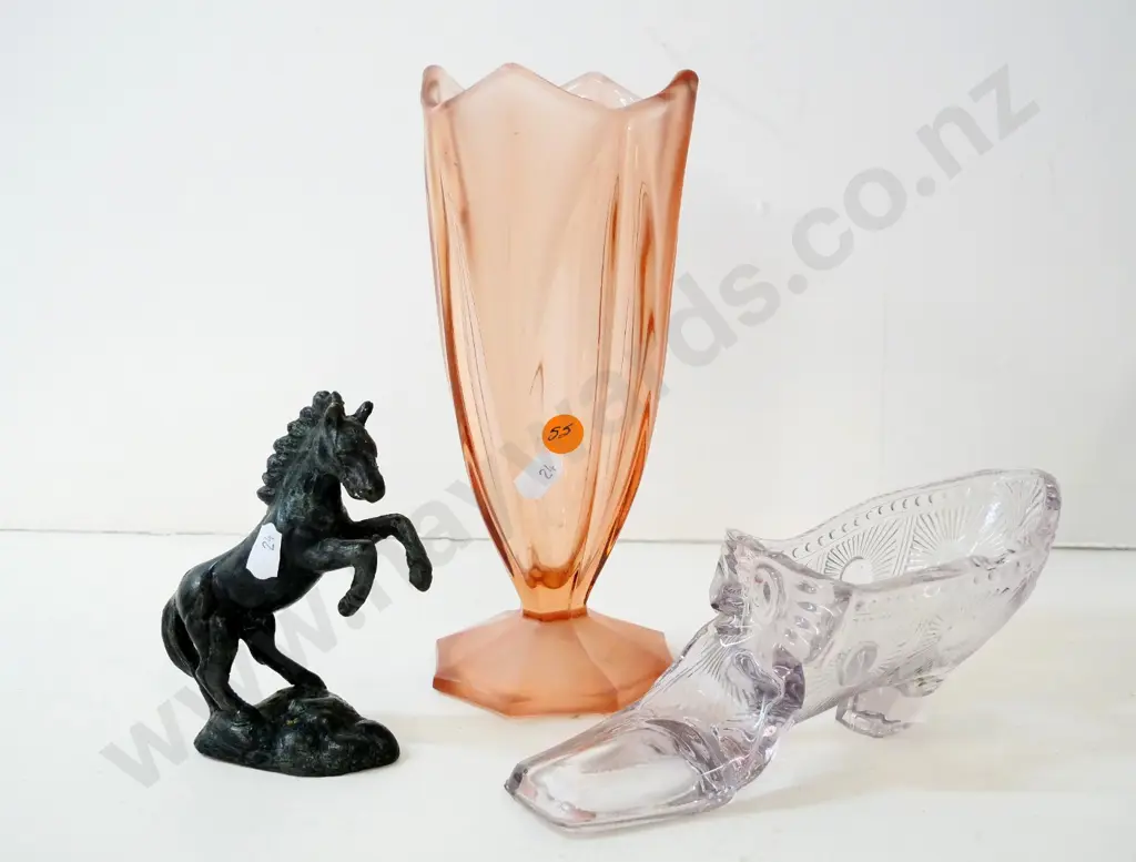 depression glass vase H-220, moulded glass shoe, and a cast metal rearing horse figure Image 1++