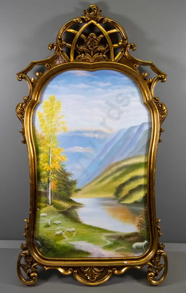 ornate gilt framed oil - lake and mountain scene H-1430 W-750 (including frame) Image 1++