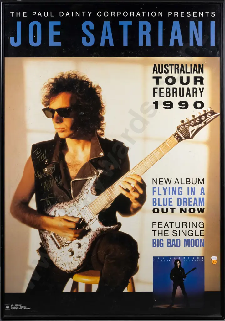 signed framed Joe Satriani 1990 Australian Tour poster - marks / surface mould H980 W680 Image 1++
