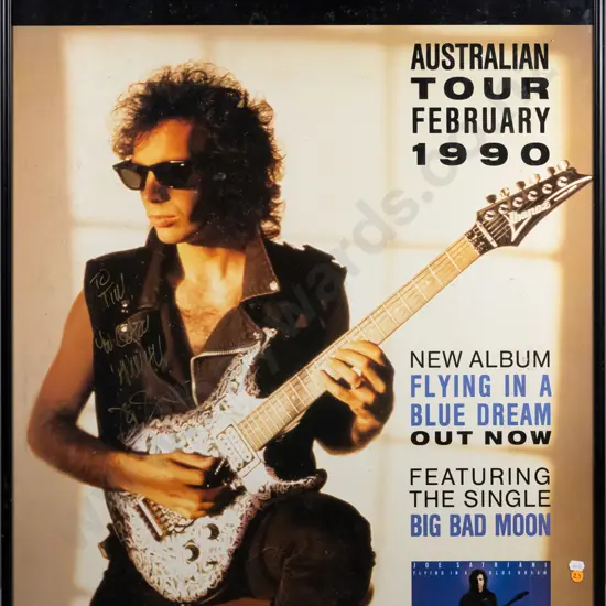 signed framed Joe Satriani 1990 Australian Tour poster - marks / surface mould H980 W680