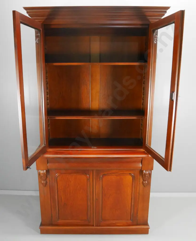 reproduction mahogany chiffonier bookcase w/carved corbels, 2 door & 1 drawer in base, 3 doors on top H2000 W1060 W420 Image 1++