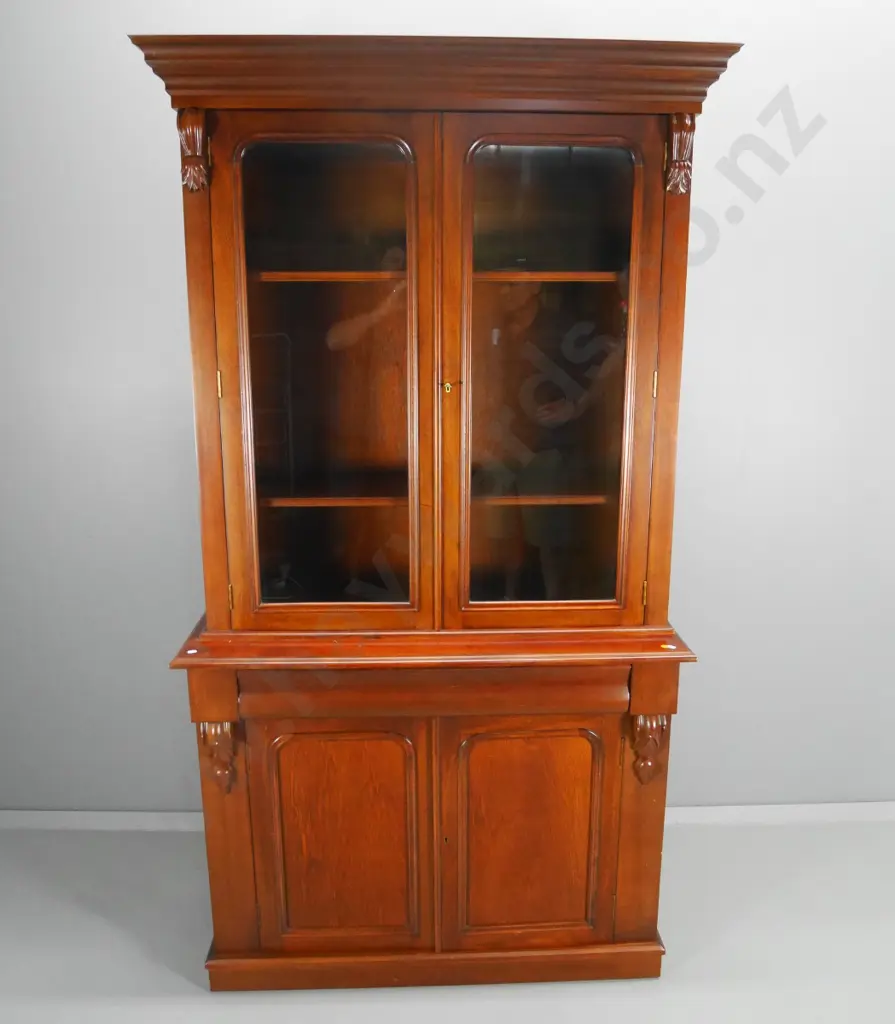 reproduction mahogany chiffonier bookcase w/carved corbels, 2 door & 1 drawer in base, 3 doors on top H2000 W1060 W420 Image 1++