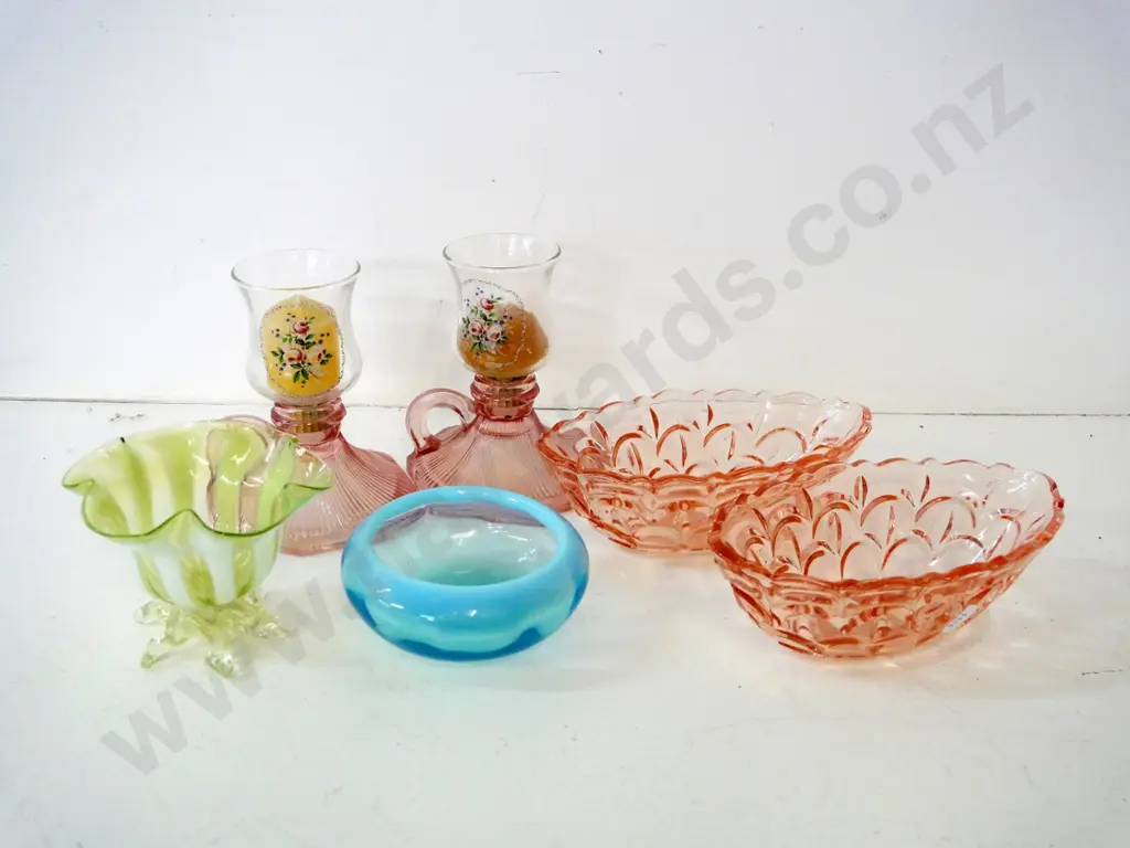 6 pieces of glassware - pair depression glass candle holders H-130, 2 pink dishes, turquoise bowl, striped green dish Image 1++
