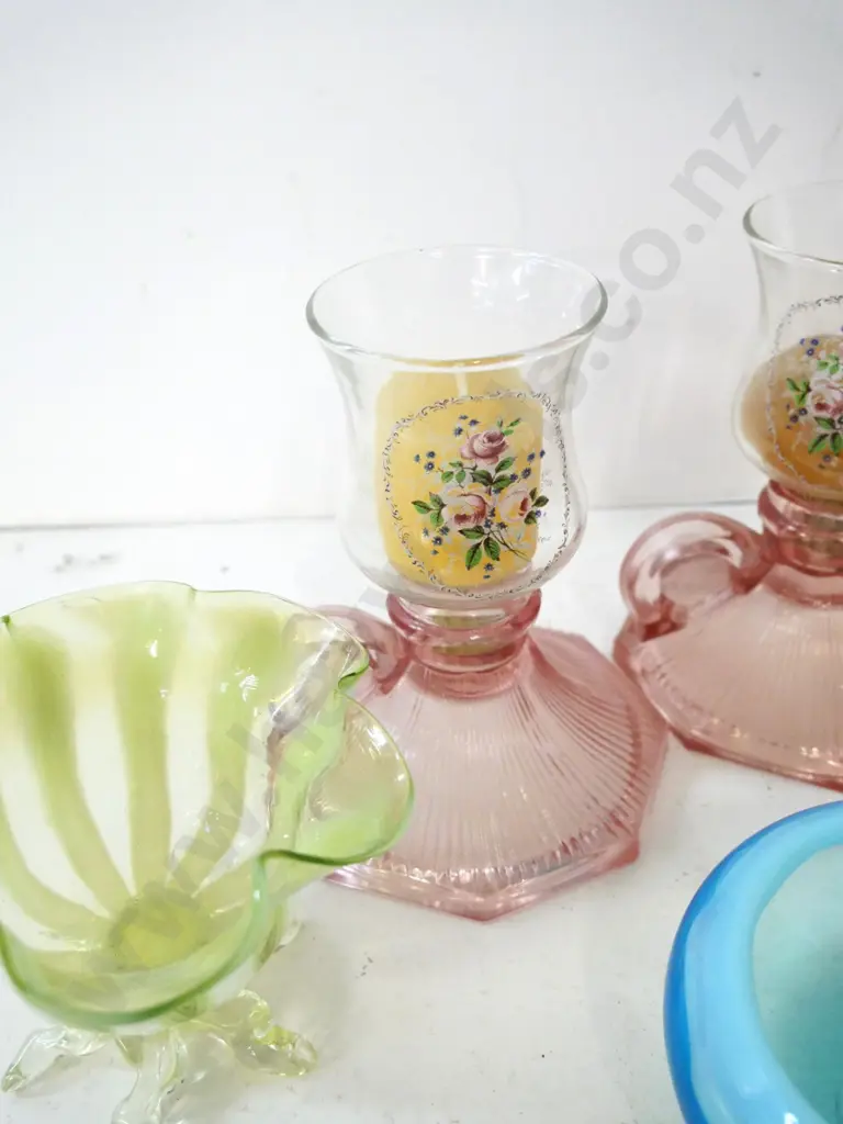 6 pieces of glassware - pair depression glass candle holders H-130, 2 pink dishes, turquoise bowl, striped green dish Image 1++