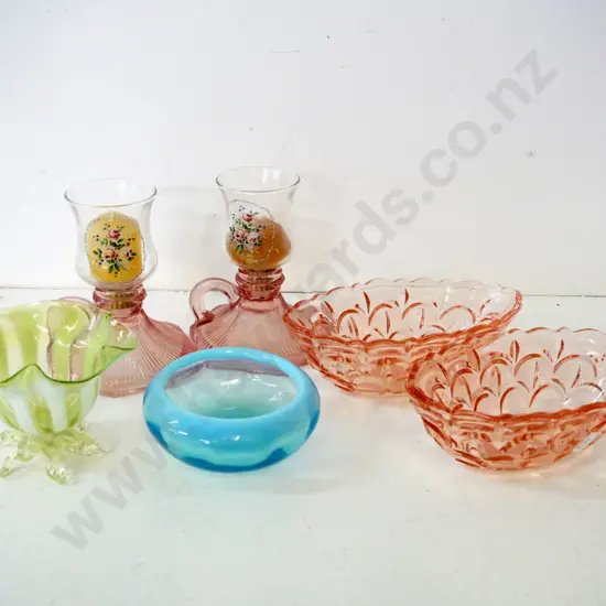 6 pieces of glassware - pair depression glass candle holders H-130, 2 pink dishes, turquoise bowl, striped green dish