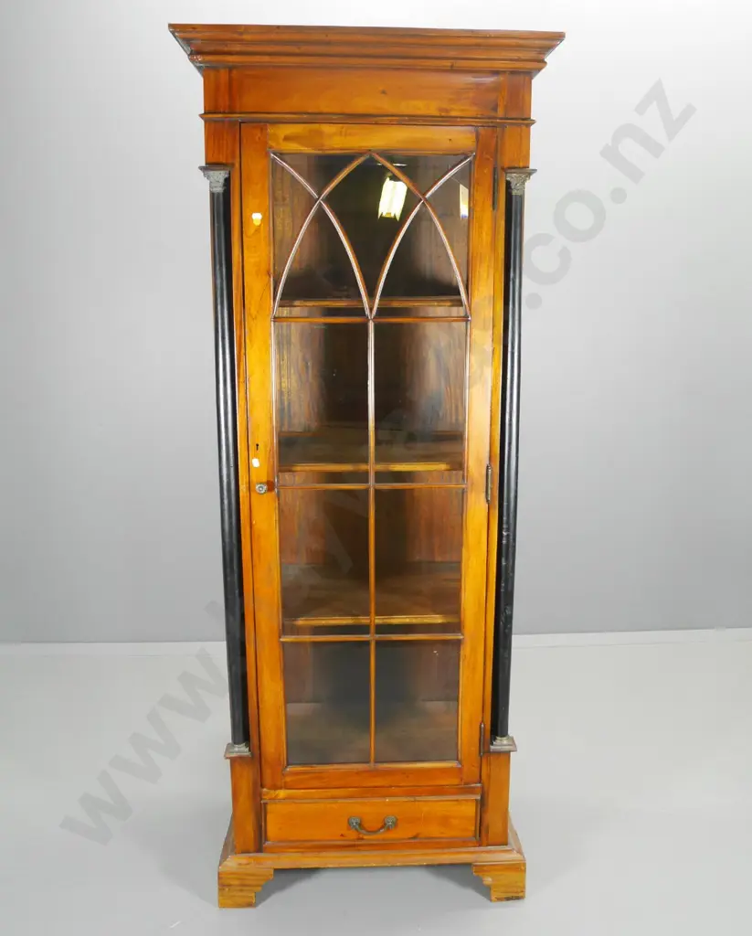 reproduction mahogany Empire style display cabinet with 3 shelves, glazed sides, crack to door glass H1890 W740 D470 Image 1++