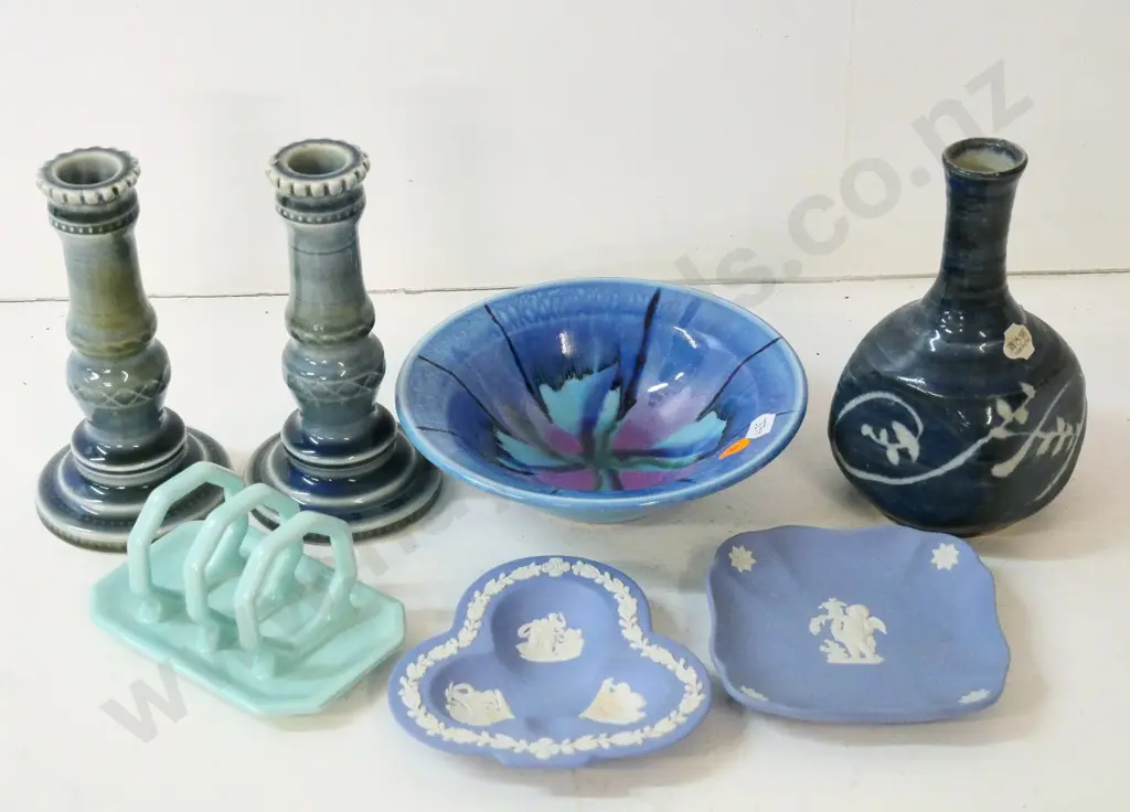 pair of Irish candle holders, Christine Willis bowl, Japanese vase, Poole toast rack, 2 Wedgwood Jasperware dishes Image 1++