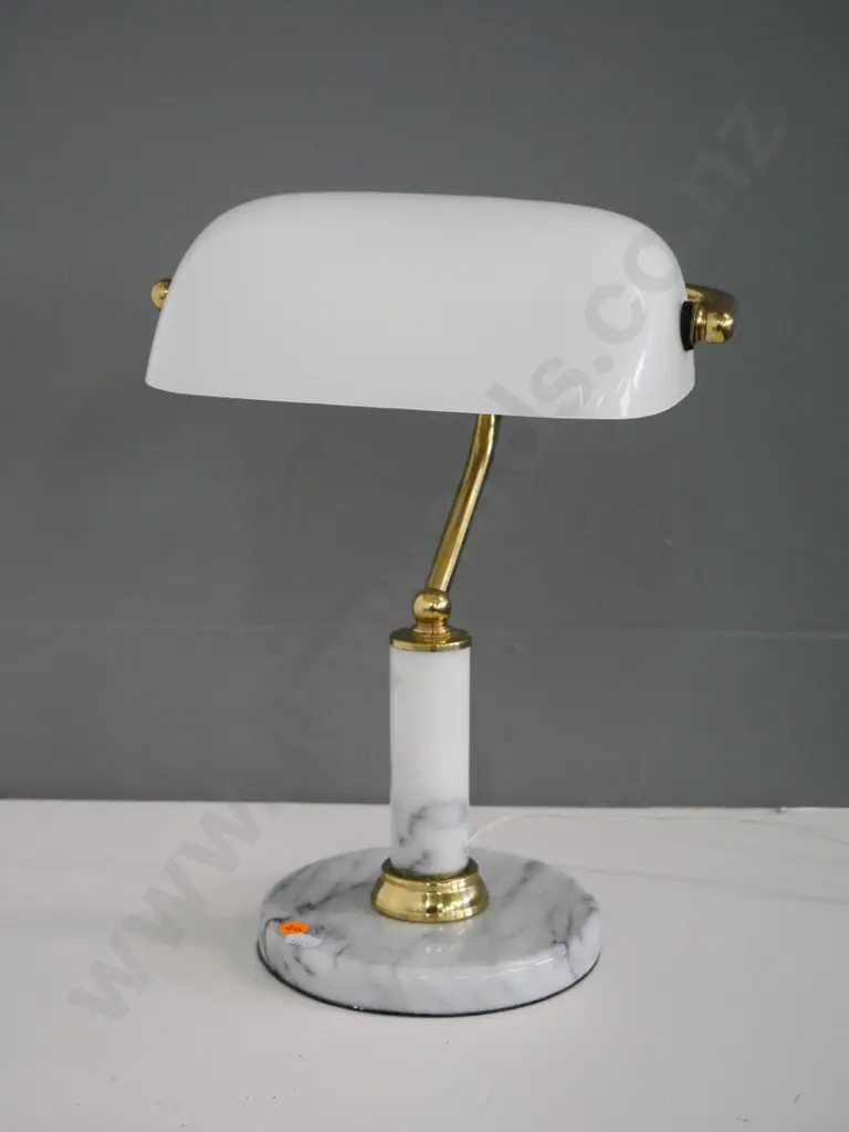 marble and brass based banker's lamp with milk glass shade H-350 W-250 Image 1++