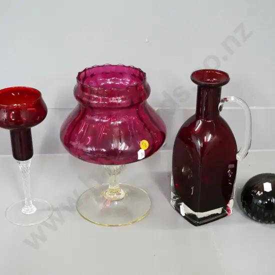 4 coloured glass items - comport H-235, candle holder and decanter (no stopper) and paperweight with S. Fuchs Chch label