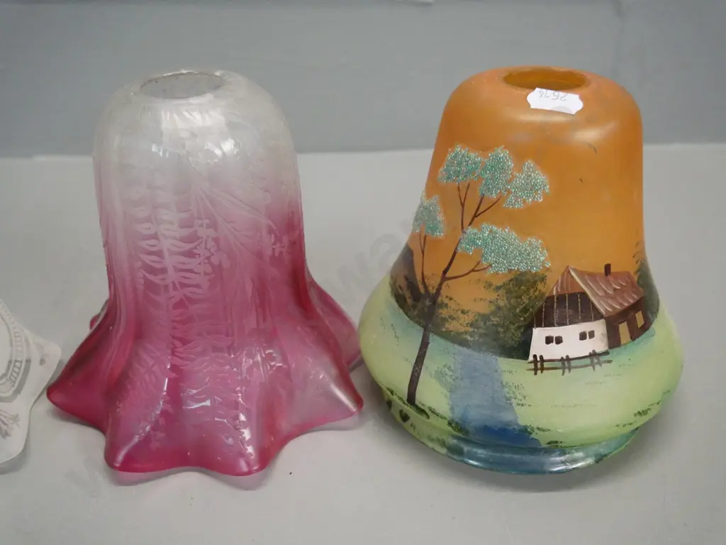 4 vintage glass light shades - 3 etched, one with copper journal H-170 and one hand-painted Image 1++