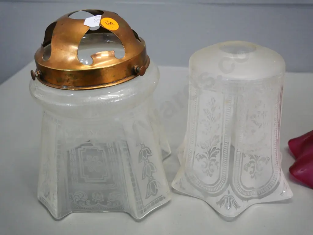 4 vintage glass light shades - 3 etched, one with copper journal H-170 and one hand-painted Image 1++