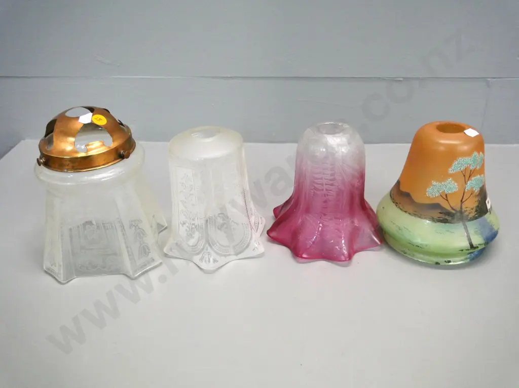 4 vintage glass light shades - 3 etched, one with copper journal H-170 and one hand-painted Image 1++