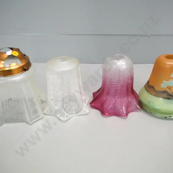 4 vintage glass light shades - 3 etched, one with copper journal H-170 and one hand-painted