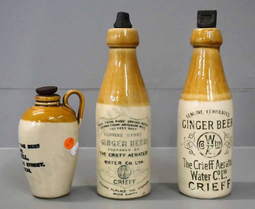 3 vintage stoppered stoneware bottles - 2 Crieff ginger beer H-230 and a Bell Whisky Image 1++