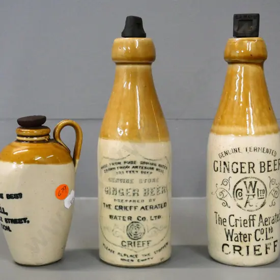 3 vintage stoppered stoneware bottles - 2 Crieff ginger beer H-230 and a Bell Whisky