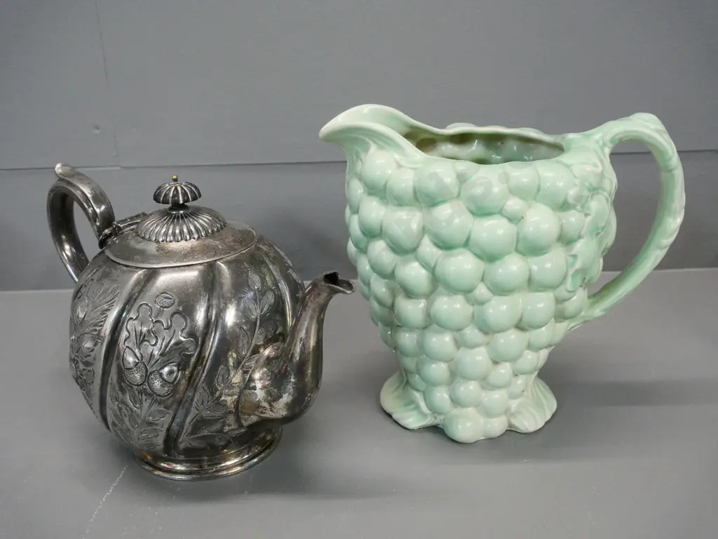 Burleigh ware light green grape pattern jug H-190 and a plated teapot with bakelite knob Image 1++