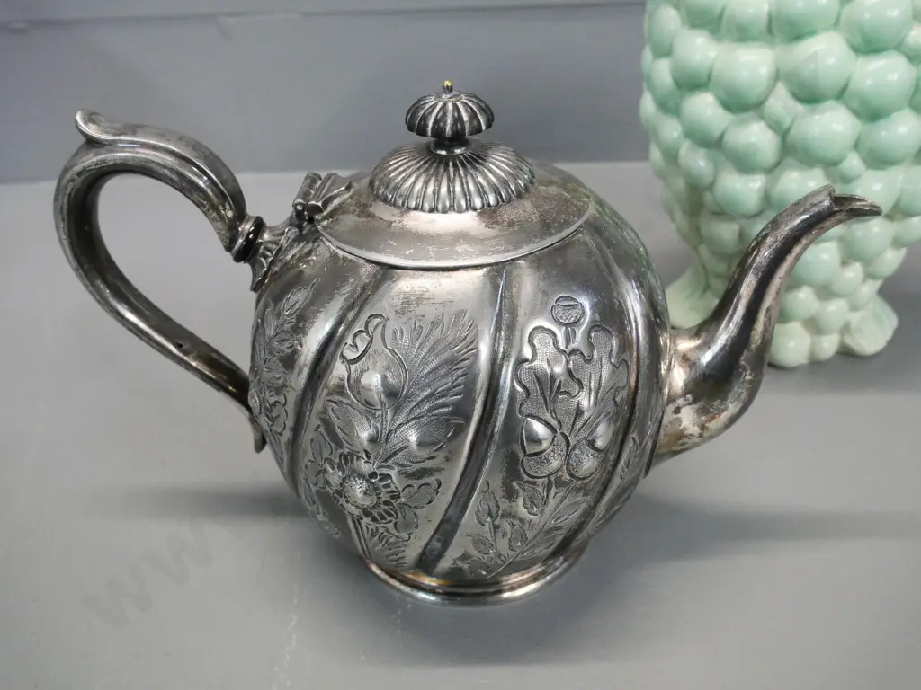Burleigh ware light green grape pattern jug H-190 and a plated teapot with bakelite knob Image 1++