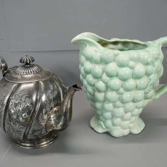 Burleigh ware light green grape pattern jug H-190 and a plated teapot with bakelite knob