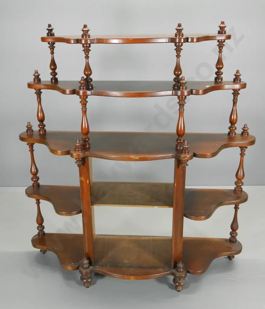Victorian 5-tier display shelf with turned supports - polish needs attention H-1150 W-1200 D-380 - missing cupboard door Image 1++