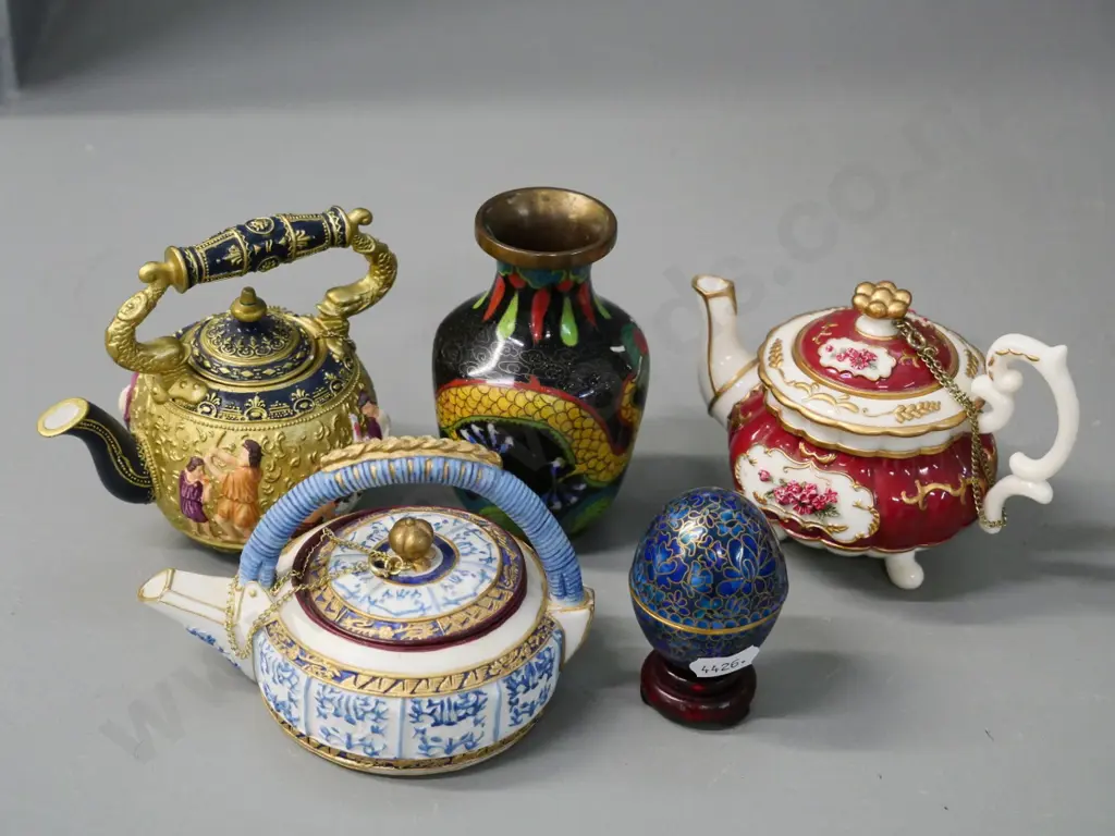 cloisonne vase and egg on stand, and 3 ornate miniature teapots - 2 are composite, one procelain. Vase H-95 Image 1++