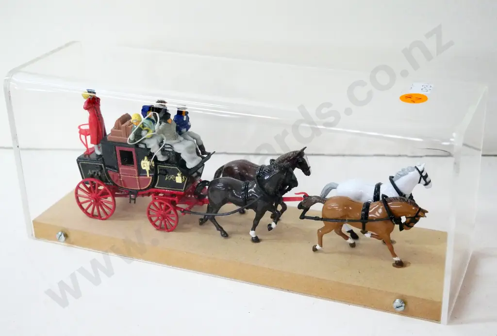 die-cast coach and four horses set in perspex and MDF display case L-250. Not sure of make, coach is marked VR No. 14 Image 1++