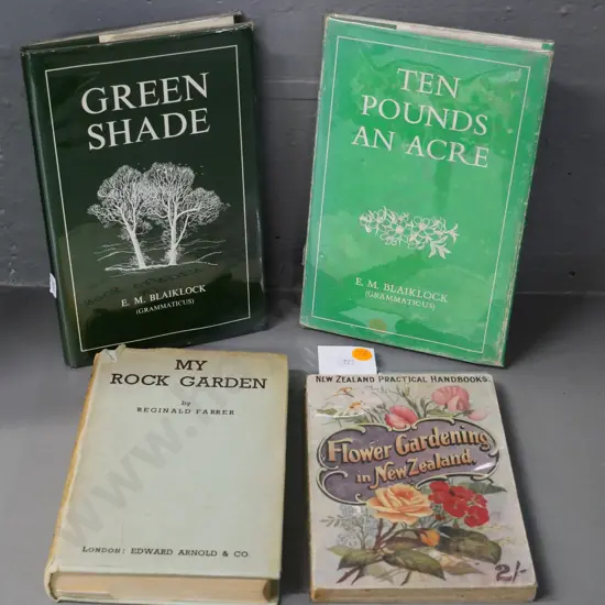 4 gardening books - Flower Gardening in NZ, 1907 My Rock Garden, 2x E.M. Blacklock memoirs