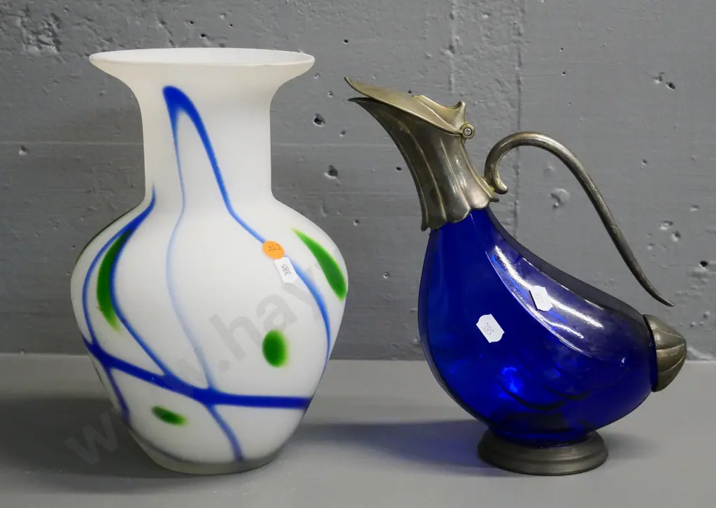 frosted white, blue and green glass vase H-260 and a blue glass bird-theme claret jug w/plated mount, plating worn off Image 1++