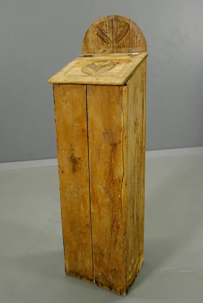 antique Scandinavian kitchen/bread-stick bin with carved lid - has a lot of borer and splitting H-980 W-230 D-210 Image 1++